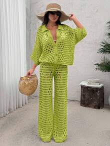 Women Hollow Out Cut Out Button Front Knit Shirt Top And Sweater Pant 2pcs Set Co-Ords Cover Up Beach Set - Green - View 3