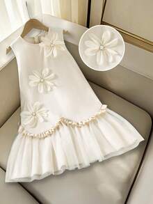 SHEIN Đầm công chúa không tay phối ren hoa và lưới cho bé gái - Màu vàng - Xem 4