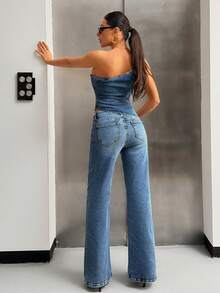 SHEIN 100% Cotton Women's Denim Two Pieces Outfits - Medium Wash - View 2