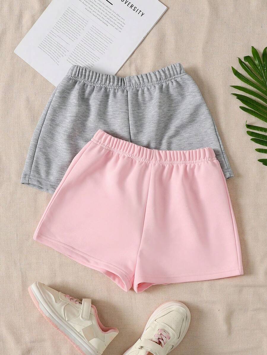 2pcs Tween Girls' Casual Solid Color Knit Wide Leg Shorts - Coral Pink - View 1