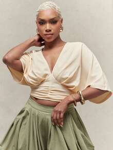 Vixey Drop Shoulder V Neck Quarter Sleeve Cinched Waist Top - Apricot - View 2