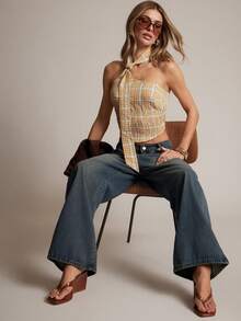 Hauture 格子缎带露背修身性感短款上衣 - 黃色 - 查看 3