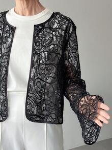Women's Solid Color Sheer Lace Fabric Round Neck Long Flare Sleeve Loose Casual Blouse, Suitable For Spring And Summer - Black - View 6
