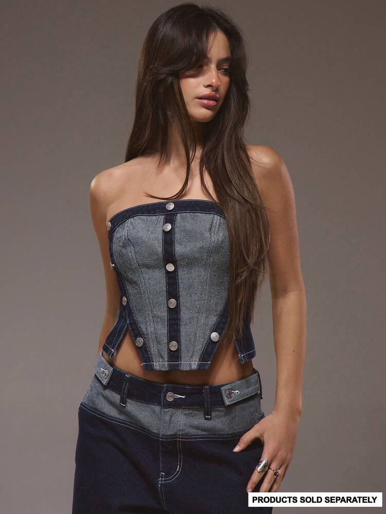 MUSERA Detail Button Denim Corset Only Winter Cute Streetwear Going Out Casual Western Born Faded - Medium Wash - View 1