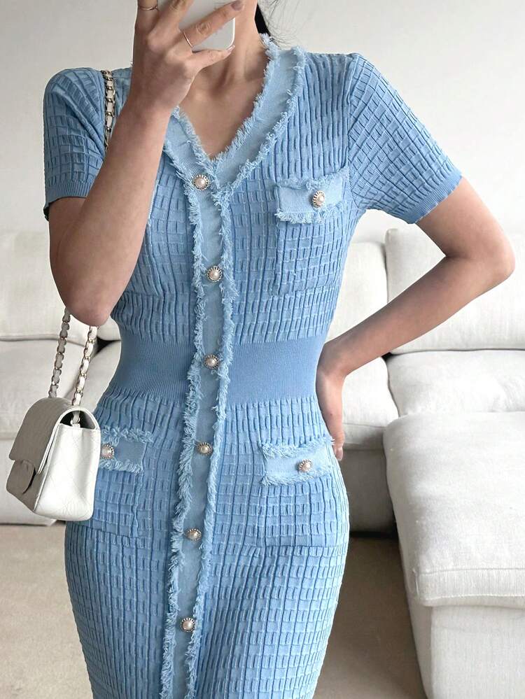 Women's V-Neck Single-Breasted Bodycon Party Knit Dress