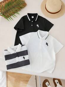 SHEIN 3pcs Young Boy Casual Sports College Print Pattern Polo Shirt, Suitable For Back To School, Daily Wear, Sports, Spring/Summer - Black and White - View 5