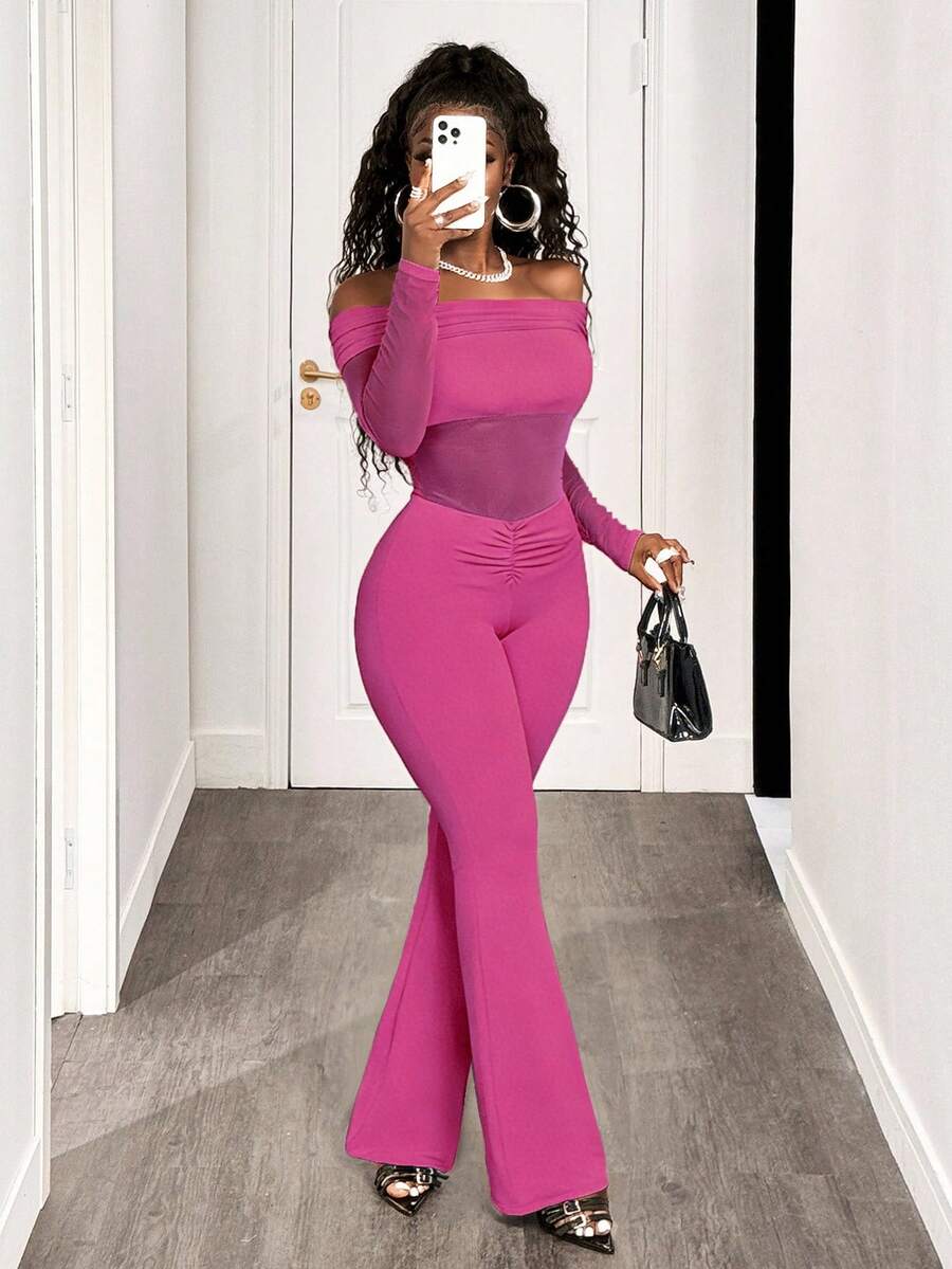 BamGleam 女士优雅露肩网纱拼接喇叭连体裤，简约纯色，适合春、夏、秋季穿着，夏季服装，夏季上衣，夏季服装，女士夏季服装，夏季上衣，女士夏季服装，女士度假服装，女士假日服装，夏季假日服装，度假，假日，女士度假服装，度假连衣裙，假日服装，度假连衣裙，女士海滩度假服装，女士度假套装，女士夏季两件套 - 玫紅色 - 查看 1