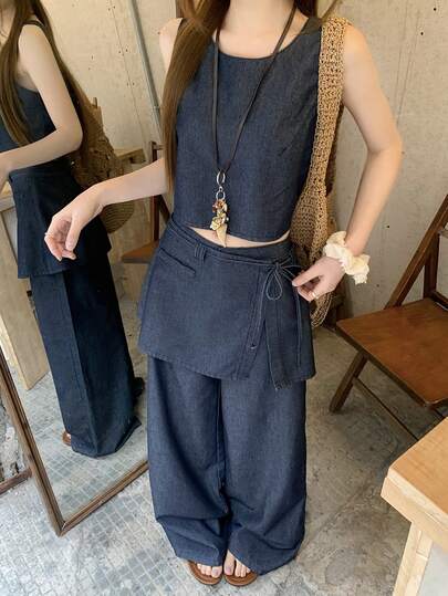 DAZY Women's Crew Neck Cropped Denim Vest And Wrap-Style Maxi Skirt Pants Denim Set, Stylish Vacation Vibe