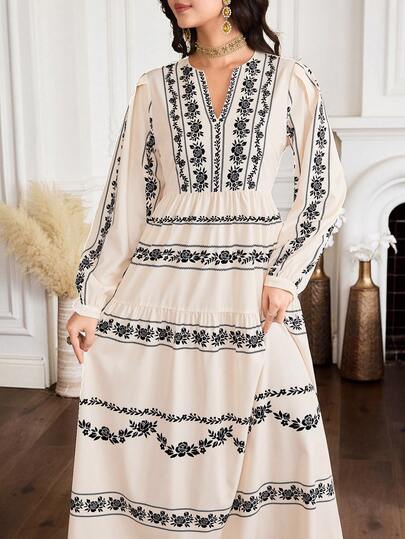 Yasmyna Modest Casual Vacation Women's Floral Print V-Neck Long Sleeve Arabic Dress