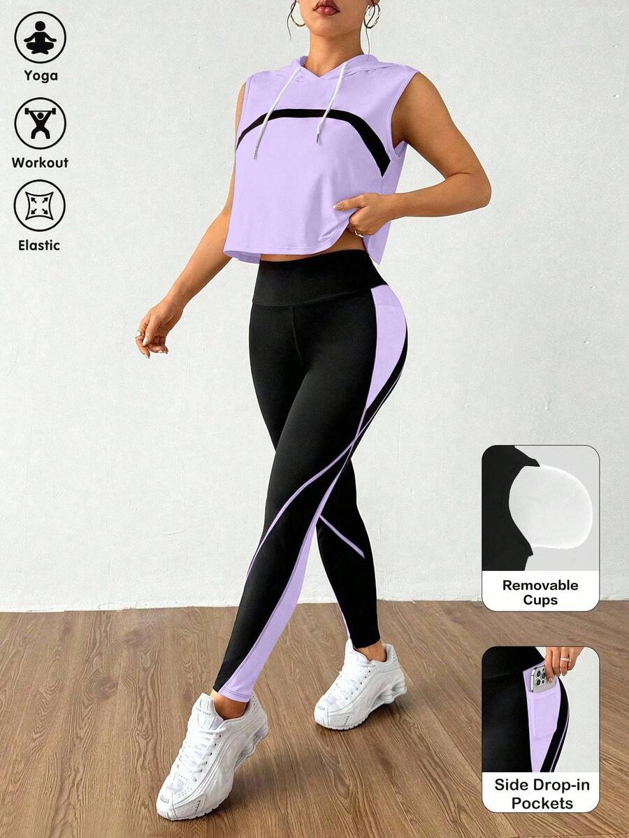 Eassivo Conjunto deportivo de top con capucha sin mangas y pantalones de yoga ajustados para mujer - Multicolor - Ver 1