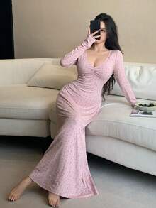 DAZY 碎花修身V领褶皱腰长款睡裙，女士家居服 - 淺粉色 - 查看 5
