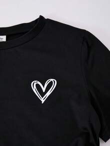 SHEIN ChillGRL 少女两件套：修身圆领短袖T恤和高腰阔腿裤，弹力针织面料，心形印花装饰，适合春夏休闲穿着。 - 黑色 - 查看 6