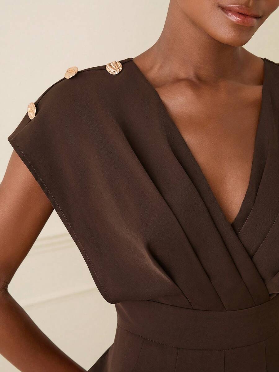 Lilora Women's Elegant V-Neck Pleated Wide Leg Jumpsuit - Mocha Brown - View 1