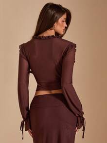 SHEIN BAE 女士棕色拼接荷叶边系带长袖衬衫 - 棕色 - 查看 2