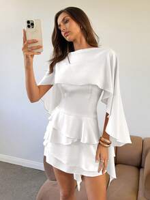 Aloruh 女士新款杏色无袖迷你连衣裙，配可拆卸披肩，性感可爱复古浪漫约会连衣裙 - 白色 - 查看 6