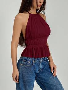 SHEIN PETITE Women's Pleated Halter Neckline Waist-Tied Backless Tank Top - Burgundy - View 11