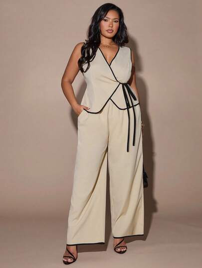 SHEIN BAE Plus Size Women's Tie-Front Sleeveless Top And Shorts Casual 2 Pieces Set, Clothes For Women ,Winter Two Pieces Set , Party Two Pieces Set, Party Two Pieces Set For Women ,Wedding Party Two Pieces Set, Going Out Tops ,Elegant Two Pieces Set For Women , Chic Women's Two Pieces Set , Stylish And Elegant Commuting Suit,Contrast Color Design