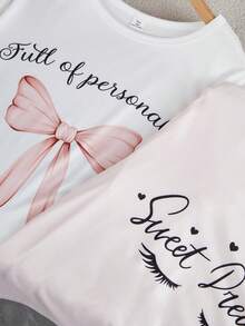 4pcs Girls/Teens Minimalist Fashion Heart, Eyelash, Moon, Letter Print Brown Plaid Pants And Short Sleeve Pajama Set Girl Summer Pajama Girls Night Wear Bow Pajamas Girl Sleep Wear - Multicolor - View 8