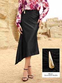 Modelyn Women's Black Mermaid Hem Fitted Pencil Skirt With Metal Decor - Black - View 5