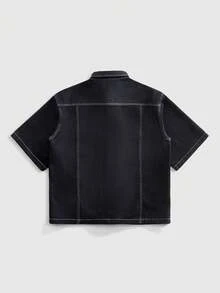 ROMWE MEN Street Life Áo sơ mi denim nam kiểu Trung Quốc, phối màu tương phản, thích hợp mặc hàng ngày đi làm, phong cách thường ngày, thích hợp cho mùa hè. - Nhiều màu - Xem 8