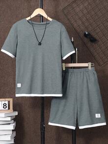 Vacaura 2件套青少年男童字母印花圆领短袖T恤和短裤，休闲款 - 灰色 - 查看 6