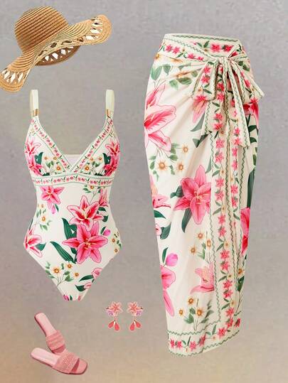 Swim Oasis 2026 New Spring/Summer Women 2pcs Set Printed Swimsuit & Mesh Maxi Dress Beach Resort Casual Swimwear Set