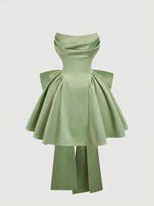 SHEIN MOD Đầm ngắn ôm sát bằng satin, kiểu quây ngực, trang trí nơ. - màu xanh lá - Xem 2