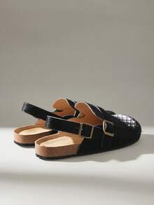 Solecia Women's New Slip-On Half-Cover Sandals, PU Material, Woven Back Strap Style, Flat Shoes, Comfortable And Versatile, Suitable For Commuting, Shopping, And Traveling - Matte Black - View 3