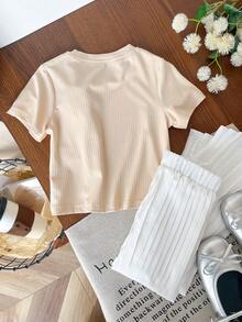 SHEIN Genkimix Kids 2pcs Young Girl 3D Floral Decor Casual T-Shirt + Solid Color Pleated Straight Leg Pants Set - Apricot - View 2