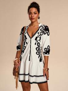 Breezaya 女士夏季法式休闲度假简约V领系带流苏装饰七分袖短款休闲印花连衣裙 女士度假装 黑白连衣裙 女士度假连衣裙 女士休闲连衣裙 - 黑與白 - 查看 5