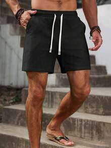 Manfinity RSRT 男士休闲抽绳腰棉麻短裤，夏季男士休闲短裤，健身服，男士短裤，夏季男士抽绳短裤，男士家居短裤 - 黑色 - 查看 4