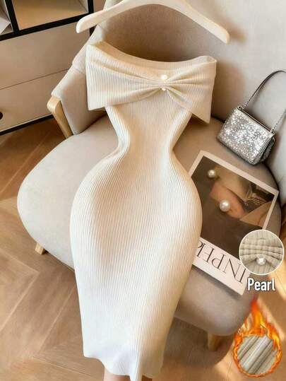 Franclia Vestido elegante con hombros descubiertos, volantes y decoración de perlas para mujeres