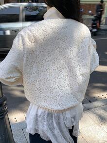 Livesso 蕾丝拼接休闲高领女式常规外套 - 米色 - 查看 2