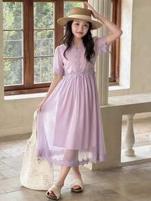 DAZY Tween Girl Contrast Lace V-Neck Short Sleeve Elegant Dress Summer - Purple - View 4