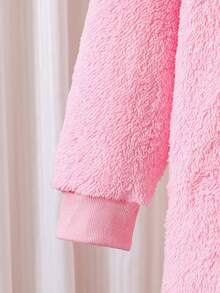 女童兔子图案毛绒睡衣套装，长袖上衣和裤子，甜美时尚，适合秋冬季穿着 - 粉色 - 查看 4