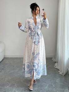 EMERY ROSE Women's Elegant Printed Long Sleeve Dress - Apricot - View 1