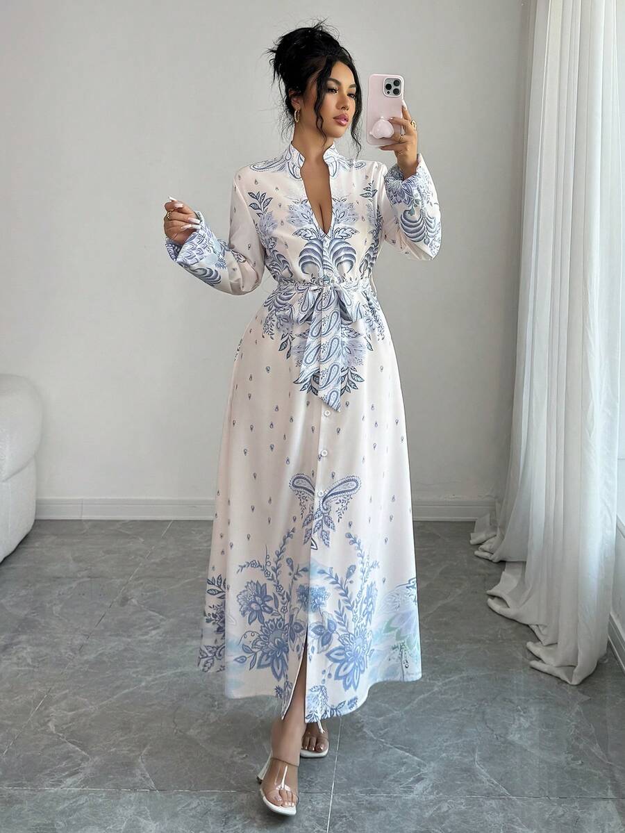 EMERY ROSE Women's Elegant Printed Long Sleeve Dress - Apricot - View 1