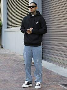 Devon Thys 男士休闲简约十字印花抽绳连帽衫，带口袋，适合返校季、秋冬季节，长袖上衣 - 黑色 - 查看 5