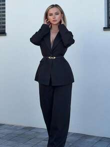 Jeta Ari Women's Lapel NeckLong Sleeve Jacket And Pants Elegant Commuter Suit Set Blazer Set Women Pant Suit Set 2 Piece Sets Woman Classy Elegant 2 Piece Set Women S Suit Set - Black - View 1