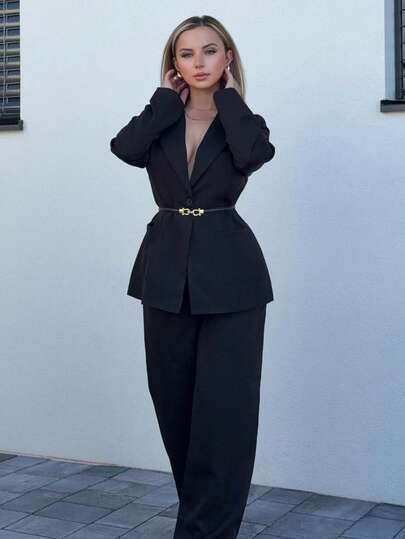 Jeta Ari Women's Lapel NeckLong Sleeve Jacket And Pants Elegant Commuter Suit Set Blazer Set Women Pant Suit Set 2 Piece Sets Woman Classy Elegant 2 Piece Set Women S Suit Set