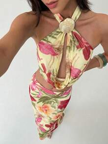 Aloruh 女士性感印花露背吊带上衣和半身裙两件套，度假装 - 黃色 - 查看 8