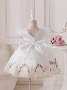 Glamorique Kids Baby Girls' Embroidered Lace Tulle Dress With Bow Decor, Puff Skirt, High-End Satin Baby Birthday Party Dress For Wedding, Travel, Banquet, Party Summer Elegant Baby Dress Elegant Toddler Dress Baby Garden Dress - Beige - View 2