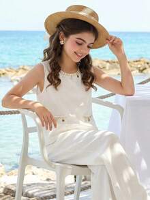 Sparklyn 少女休闲蕾丝边无袖上衣带口袋和直筒裤度假套装 - 白色 - 查看 3