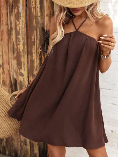 Swim Vcay 女士夏季沙滩纯色无袖露背宽松度假罩衫连衣裙，饰有珍珠