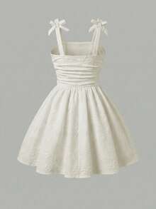 女童白色碎花纹理面料舒适夏季户外派对学校蝴蝶结吊带褶皱优雅蓬蓬裙 - 杏色 - 查看 3