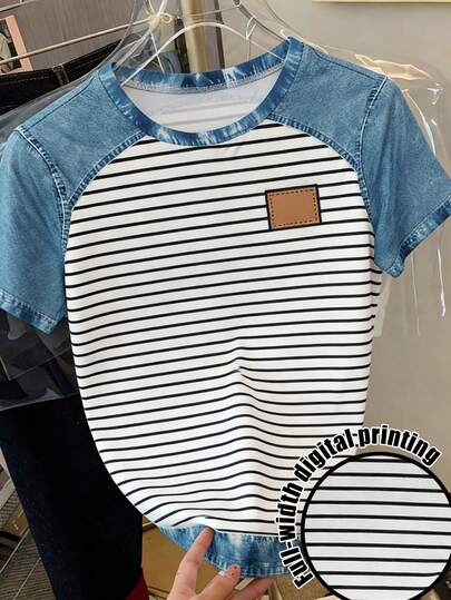 Resyla Women's Casual Striped Patchwork Round Neck Short Sleeve T-Shirt, Summer