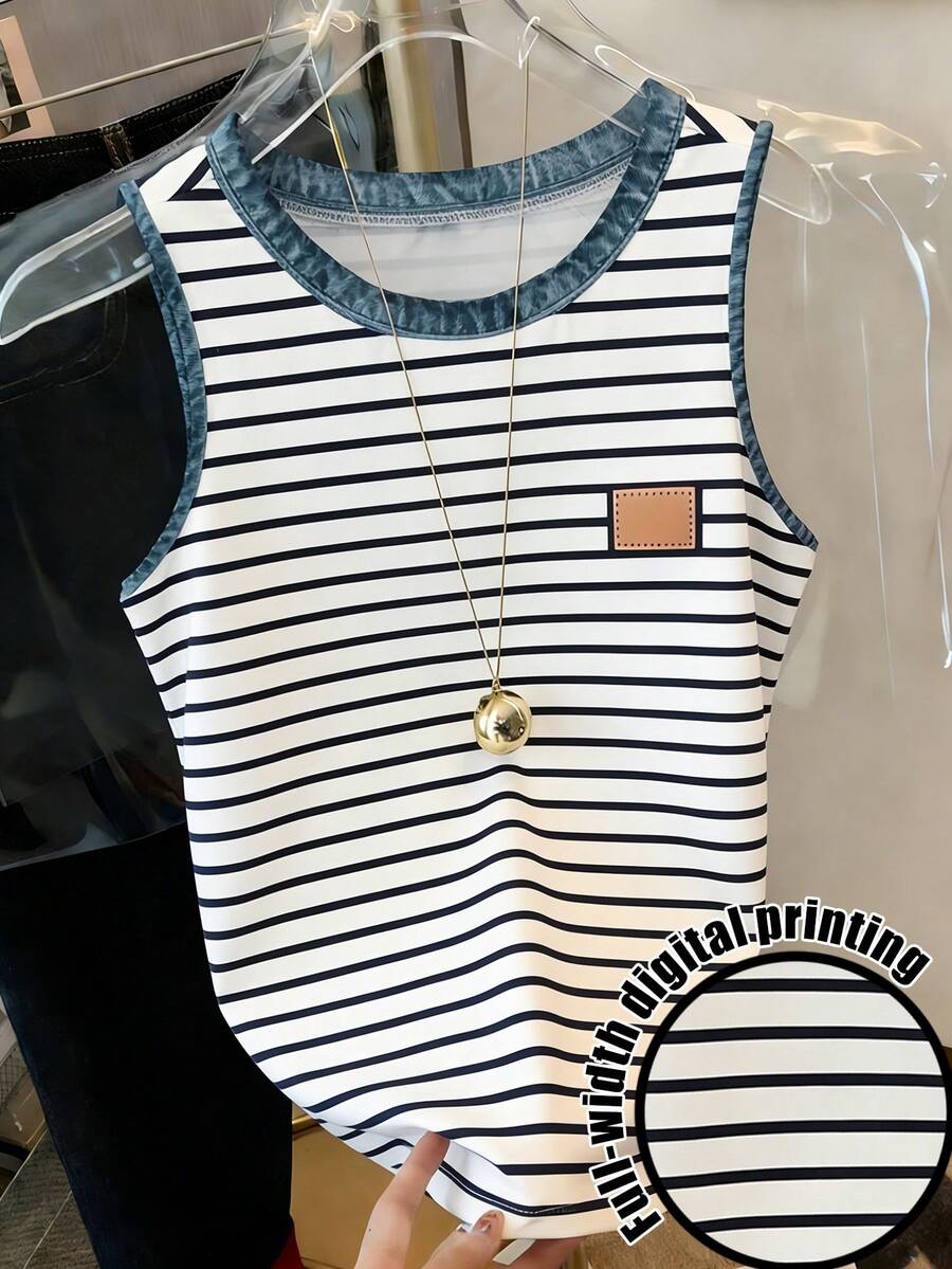 SHEIN 女士休闲度假通勤撞色条纹印花圆领背心,夏季 - 彩色 - 查看 1