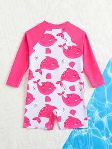 Traje de baño de una pieza de manga larga para bebé niña con estampados aleatorios - Rosa Fucsia - Ver 3