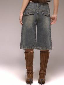 MUSERA Quần short denim hai nút đính đinh tán, chỉ dành cho mùa đông, phong cách đường phố dễ thương, thích hợp đi chơi, thường ngày, kiểu phương Tây, bạc màu. - Rửa nhẹ - Xem 5