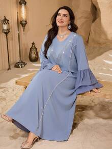 Al Najma Plus Size Middle Eastern V-Neck Pearl Trim Decor Long Sleeve Puff Cuff Rhinestone Embellished Loose Fit Shiny Comfortable Party Maxi Dress - Dusty Blue - View 1